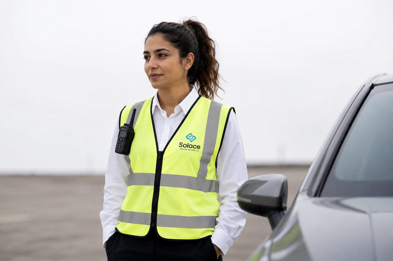 Solace event security officer in a high-visibility vest standing beside a patrol vehicle