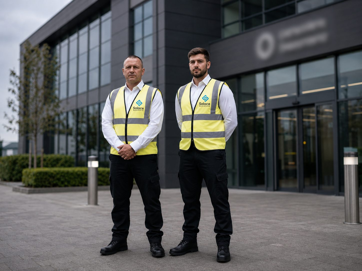 Two Solace security officers standing outside a modern commercial building