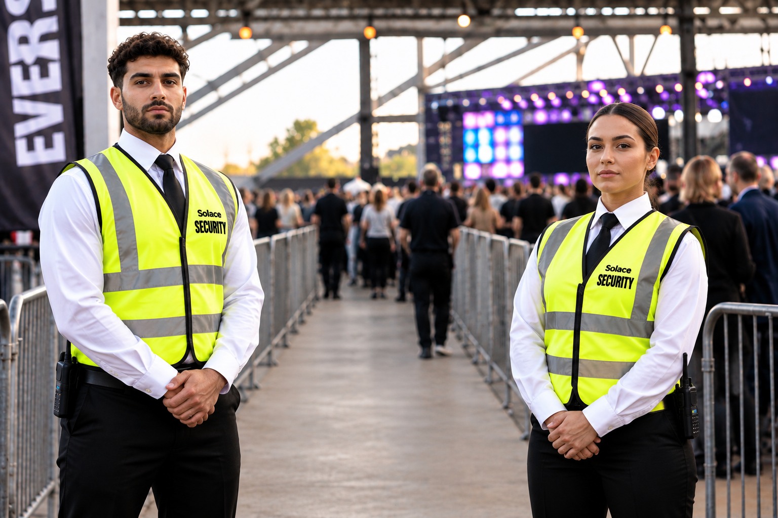 Two Solace event security officers in high visibility vests at a crowd barrier
