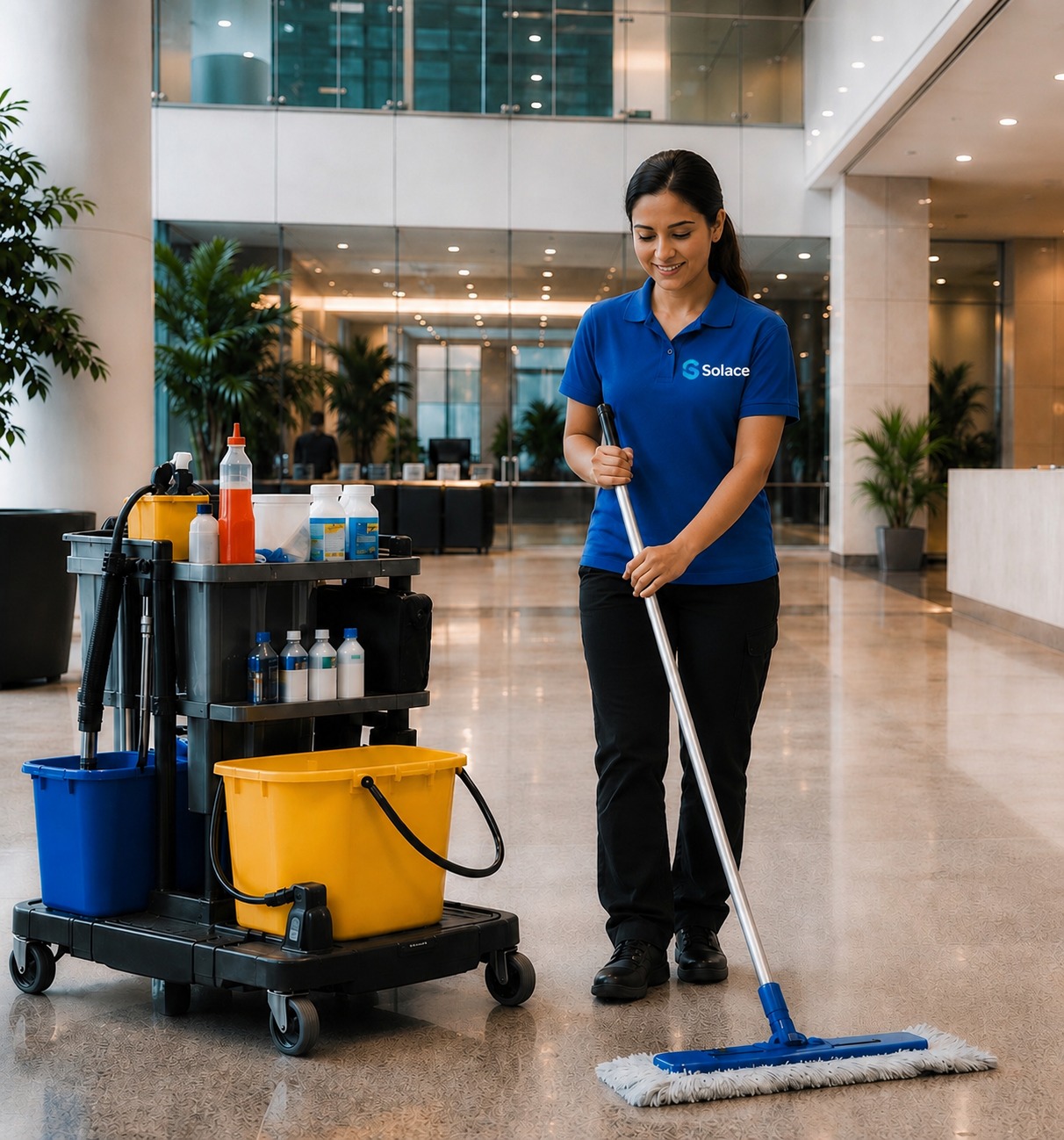 Solace cleaning operative mopping the floor of a commercial building foyer
