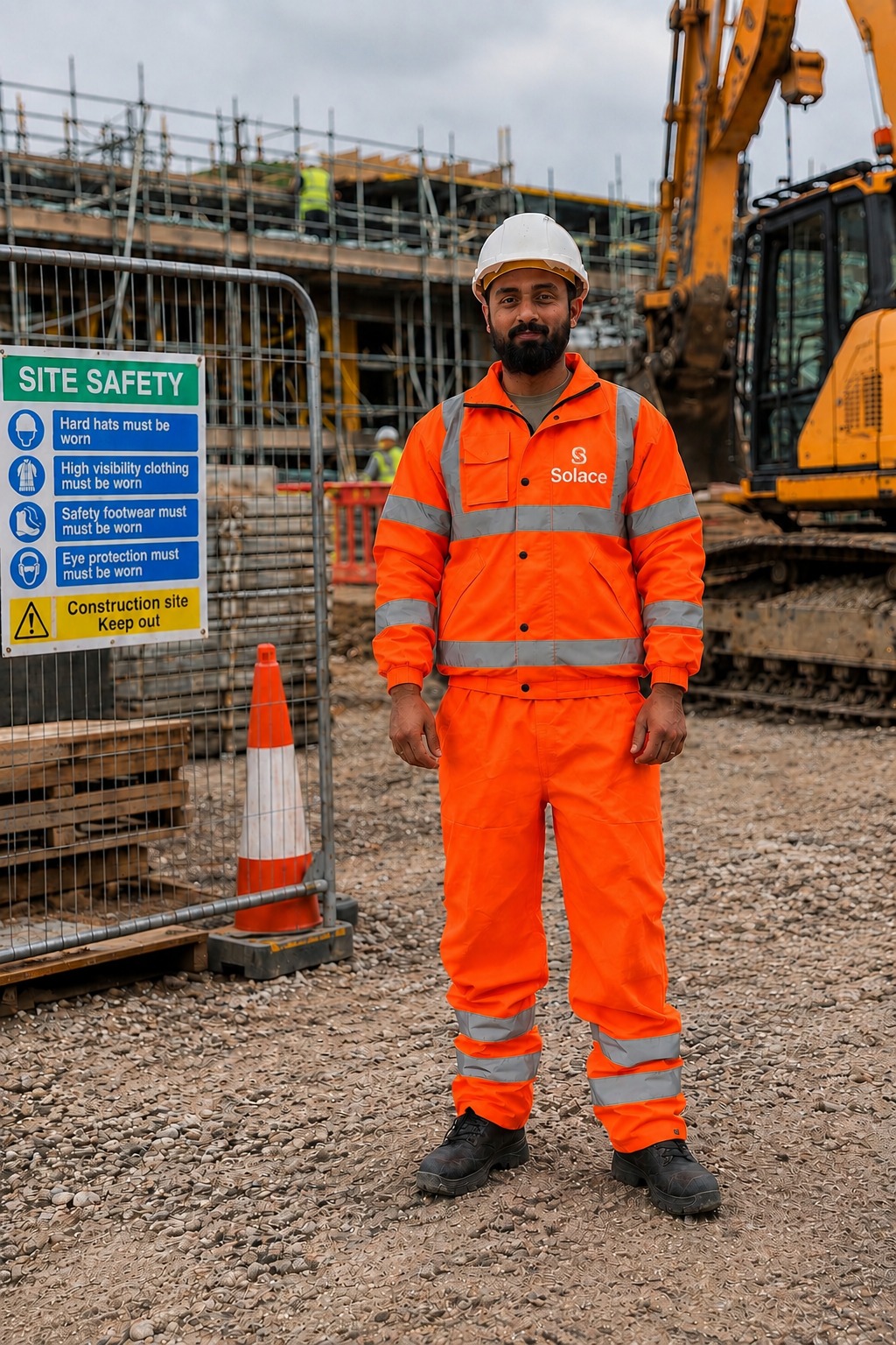Site operative in orange high visibility overalls and a hard hat on a construction site