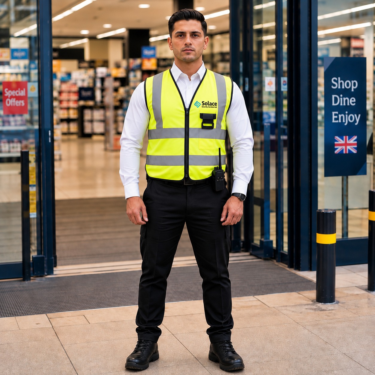 Solace security officer on duty at the entrance of a retail store