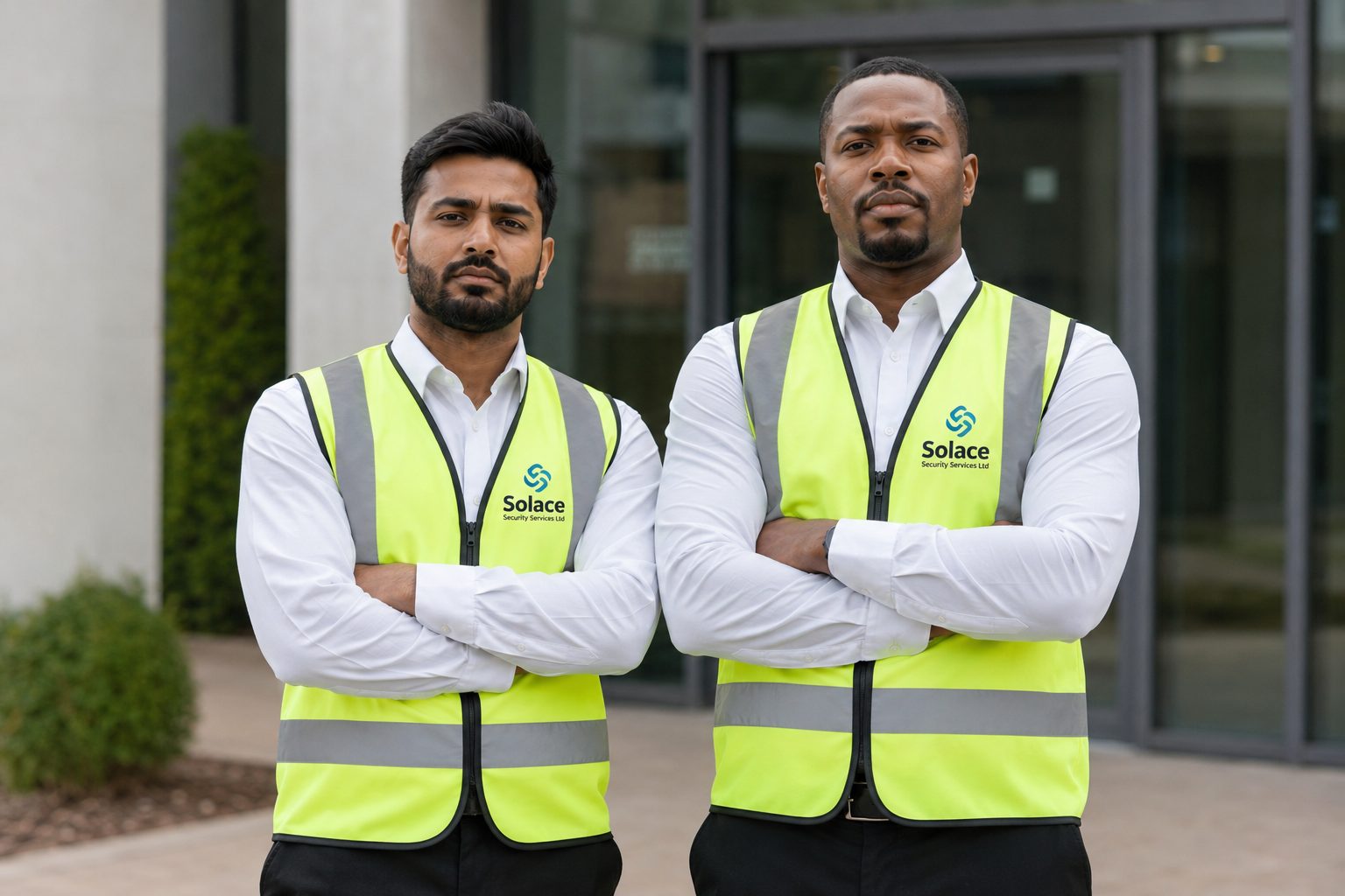 Solace security officers standing together outside an office building