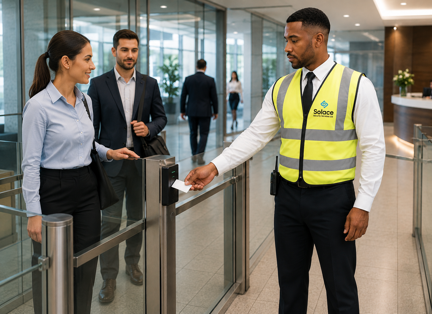 Solace security officer checking an access pass at a corporate entrance gate